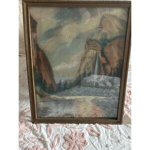 VTG Chalk Painting Mountain Trees Water Multicolored Framed and Signed M Younger
